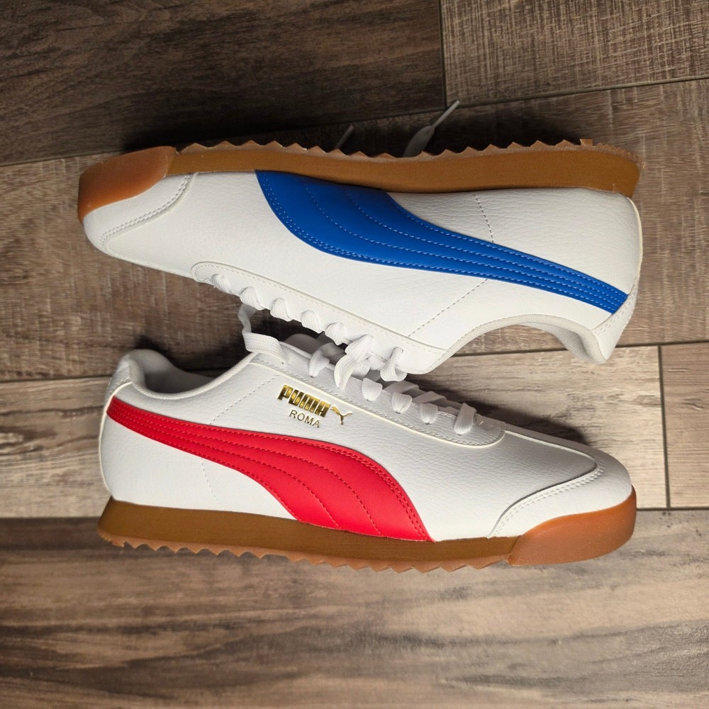 Puma Roma Sneakers Mens 9 Womans 10.5 White Red Blue Excellent 388341-01